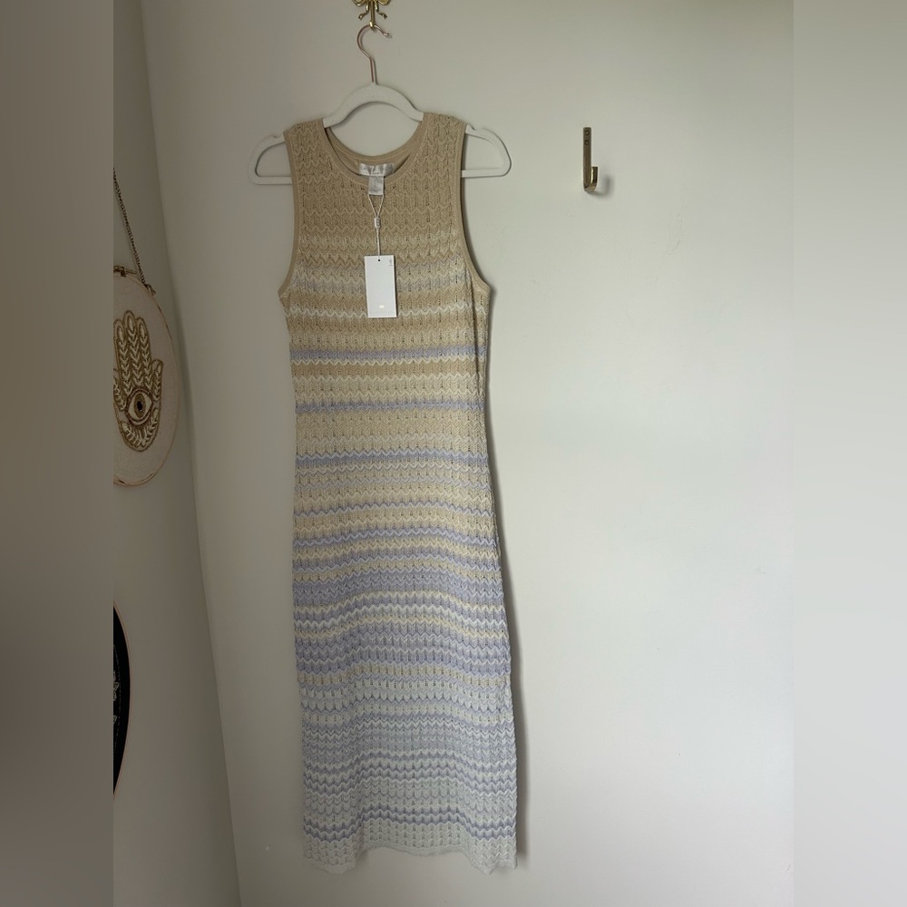 Viral Caroline Constas Metallic Chevron Beige & Blue Knit sleeveless Maxi Dress